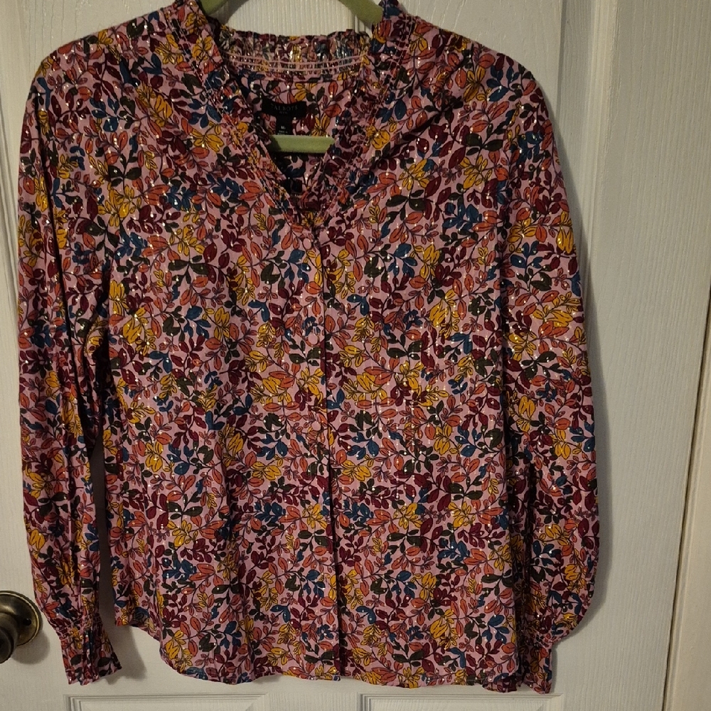 Talbots Pink Multi-Color Floral V-Neck Button Blouse